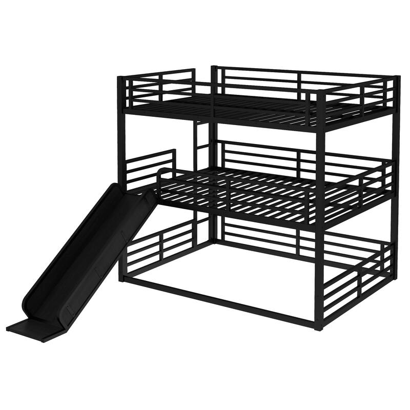 Queen over Queen over Queen Bunk Bed with Slide, Metal Triple Bunk Bed with Safety Guardrails, Noise-reduced Design, Black