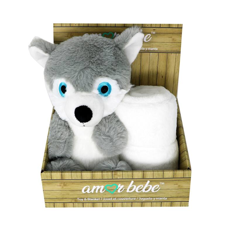Boys and Girls Plush Gray Wolf With Blanket