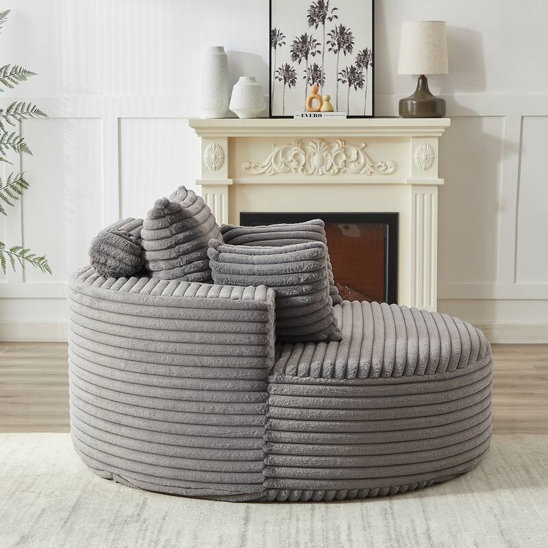 Oversized Round Chaise Lounge Corduroy Upholstered Single Sofa Chair with Cylindrical Neck Pillow and Integrated Backrest