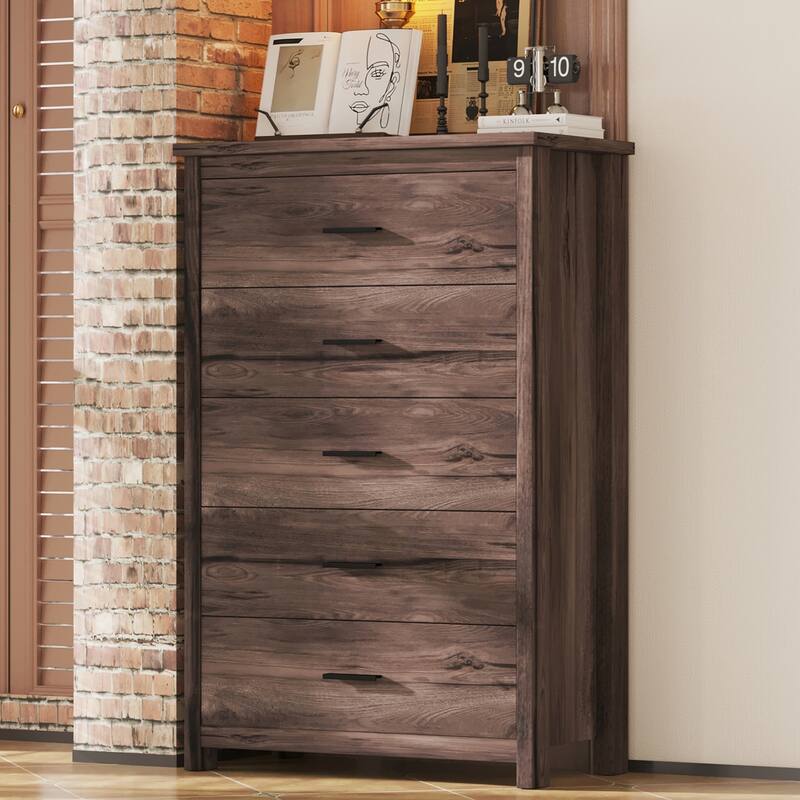 Wardrobe Dresser with 5 Drawer Modern Tall Chest of Drawers, Walnut