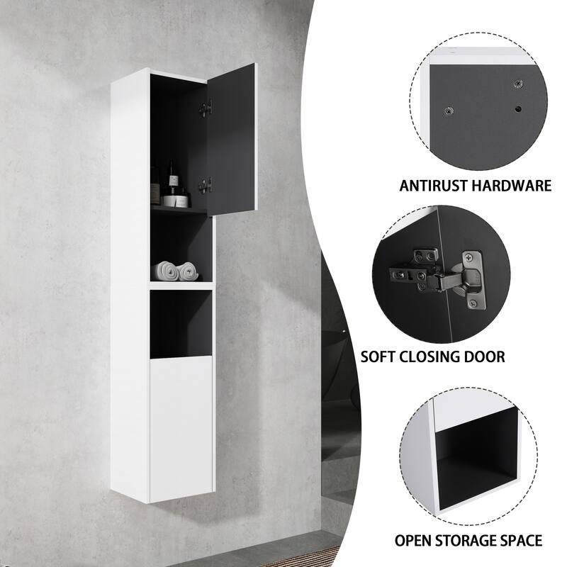 Modern Wall-Mounted Bathroom Side Cabinet with Soft-Close Doors, Floating Design, 6 Storage Compartments, 12-Inch Width