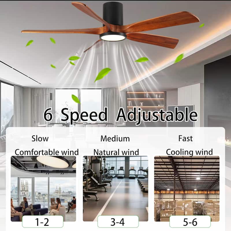 60" Ceiling Fan with Light, Flush Mount, 5 Solid Wood Blades, Quiet Reversible DC Motor, APP & Remote Control - Natural Wood
