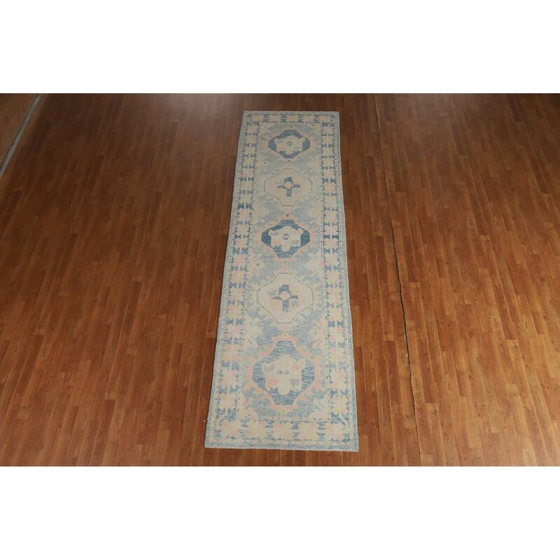 Hand Knotted Oriental 100% Wool Carpet Transitional Geometric Navy Blue & Blues Oushak Runner Rug - 11' 4'' X 3' 5''