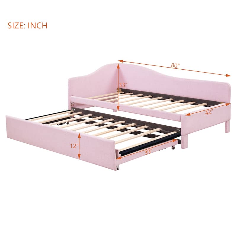 L-Shaped Daybed Twin To King Upholstered Daybed with Pop Up Trundle Linen & Wood Bed Frame for for Youth Teens or Adults