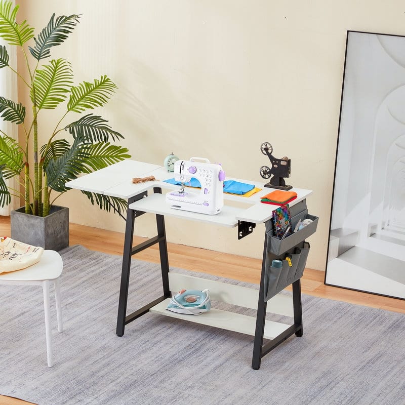 Erommy 45.5" W x 23.6" D Sewing Table featuring a Storage Shelf, Versatile Adjustable Sewing Machine Desk with Storage Bags - White/Black - Manual