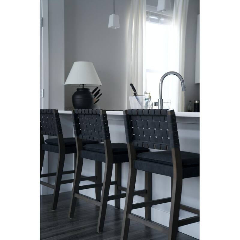 Nathan James Cohen Faux Leather Counter or Bar Height Stool, Solid Wood Frame with Footrest and Woven Leather Back