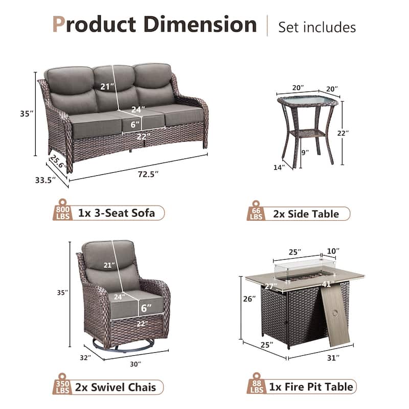 Pocassy 5PCS Outdoor 6Inch Sofa Swivel Chair Table w/ Fire Table