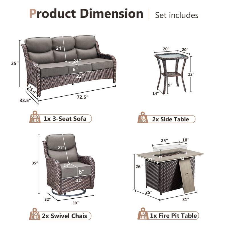 Pocassy Outdoor 6 Inch Sofa Chair Ottoman with Fire Pit Table Set