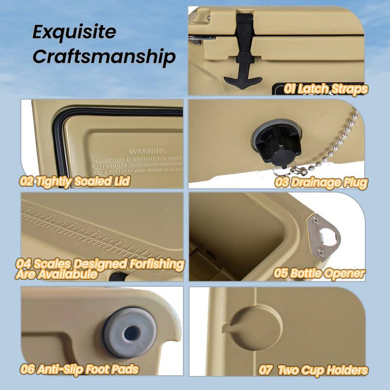 50 Quart Khaki Cooler, Ultra-Light Insulated Ice Chest - Heavy-Duty Hard Shell Cooler with 6-Day Ice Retention