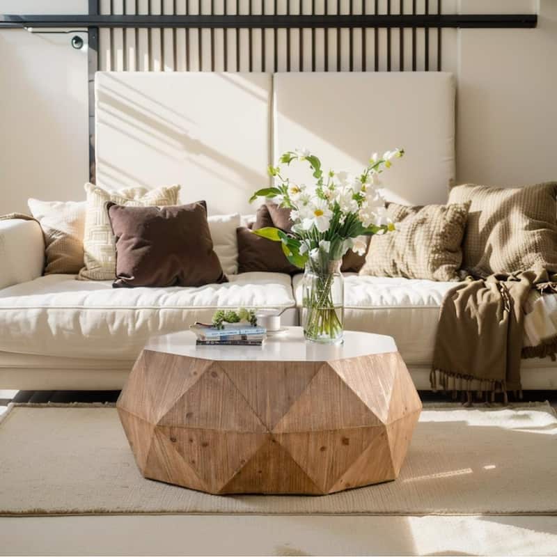 38"Three-dimensional Embossed Pattern Design American Retro Style Coffee Table,White Tabletop