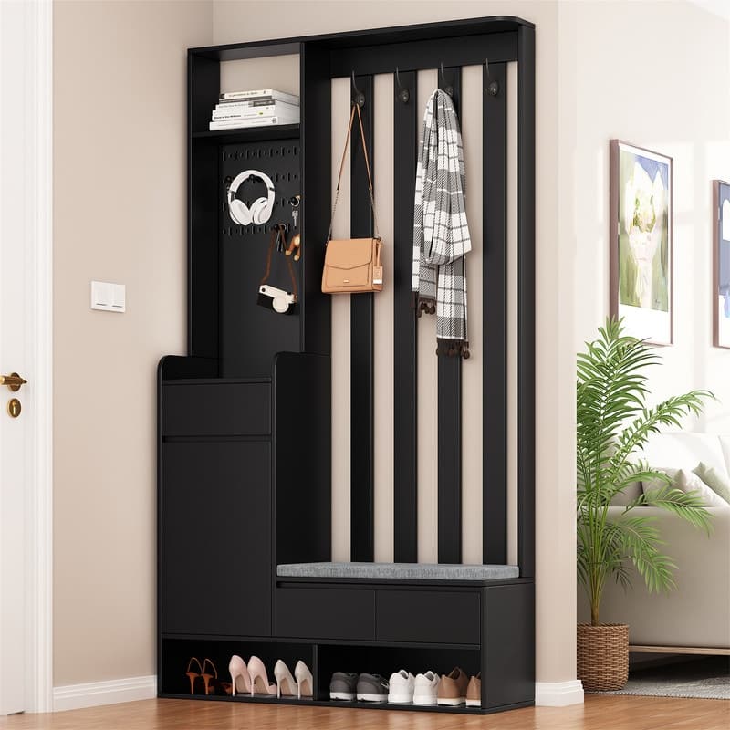 Multifunctional Hall Tree with Shoe Storage Bench, Cabinet & Drawers, Modern Coat Rack with 4 Hooks, Shoe Cabinet with Pegboard