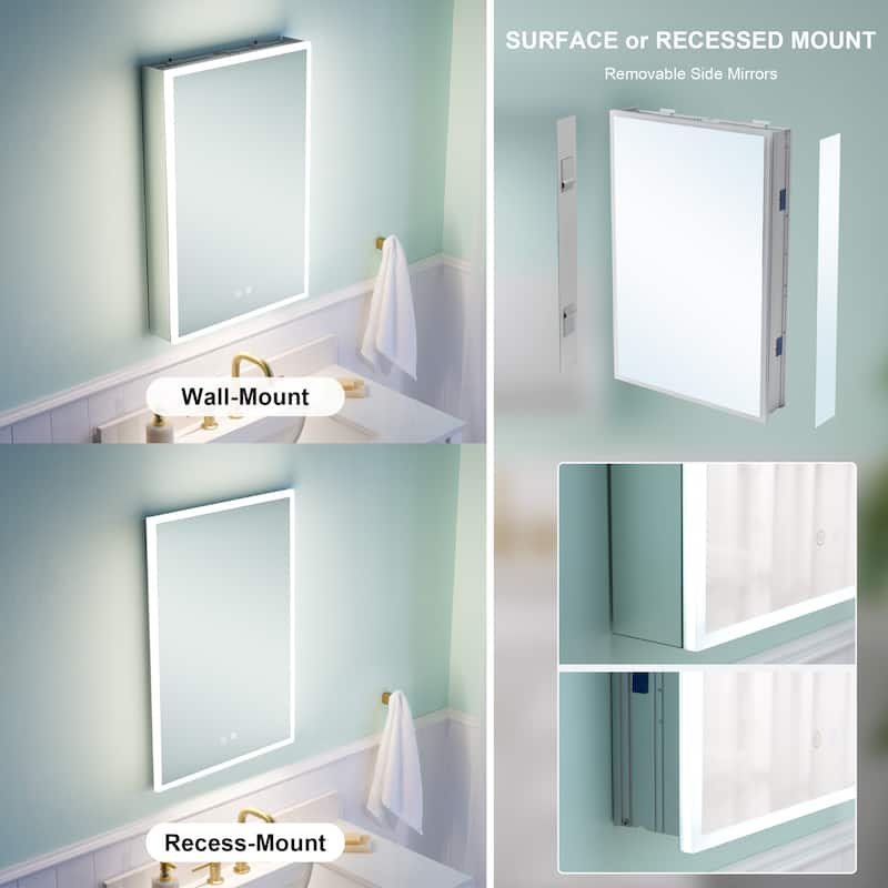 30'' H Recessed or Surface Frameless LED Mirror Cabinet With Defogger, Dimmer, Outlets & USB Ports 