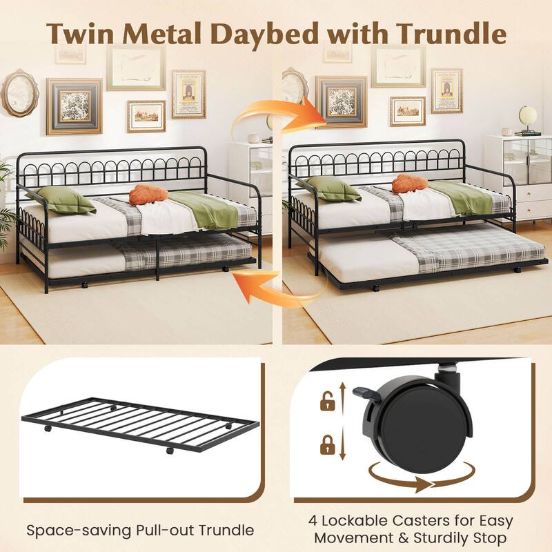 Costway Twin Daybed with Trundle Curved Backrest & Armrests Heavy-duty