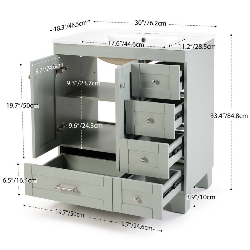 30" Bathroom Vanity with Ceramic Sink Solid Wood Frame Soft Close Drawers and Adjustable Storage Shelves