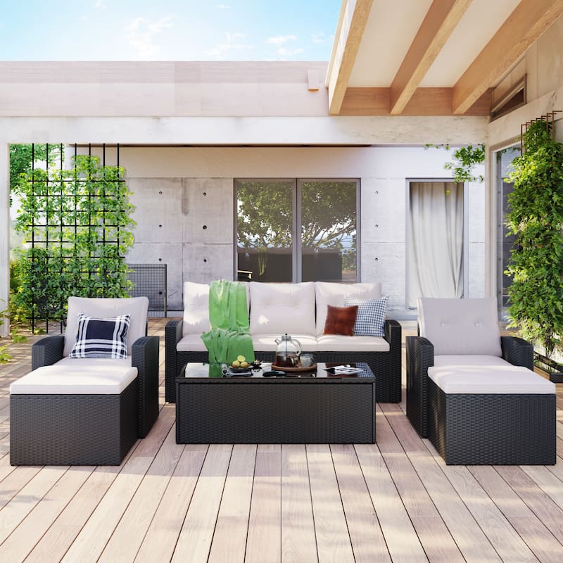 6-Piece All-Weather Wicker PE Rattan Conversation Sectional Set with Coffee Table