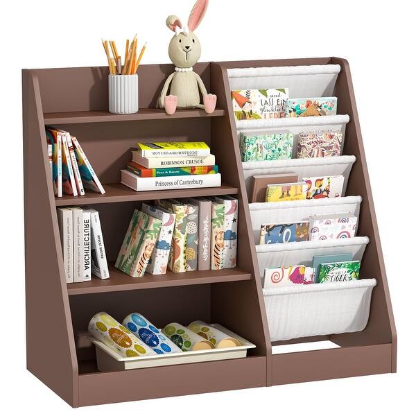 slide 2 of 7, Kids Bookshelf Toy Storage Organizer 4-Tier Wood Book Rack Toddler Bookcase Baby Book Toy Display Shelf 5 Sling Bookshelf Espresso