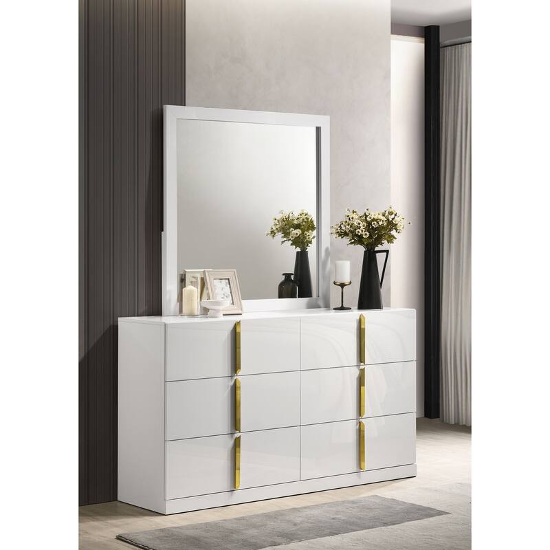 Ines 6-drawer Bedroom Dresser with Mirror White High Gloss