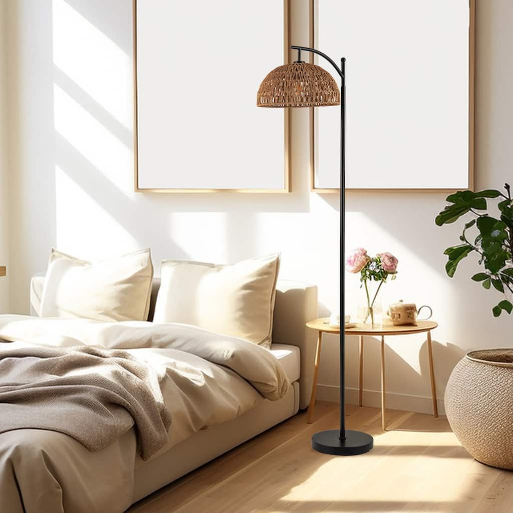 Modern Arc Floor Lamp with E26 Socket and Paper Rope Shade Adjustable Lighting for Living Room - 10"Dia × 63"H