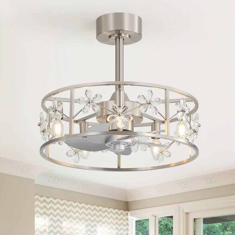 20" Glam Crystal Chandelier Caged Ceiling Fan with Light and Remote - Stain Nickel- Floral Crystal Shade