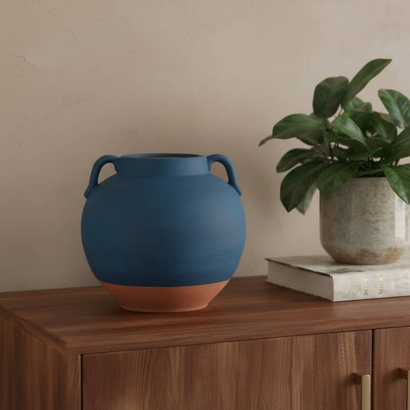 7" Blue And Terra Cotta Ceramic Round Urn - 7.00 - Terra Cotta/Blue - 7.00
