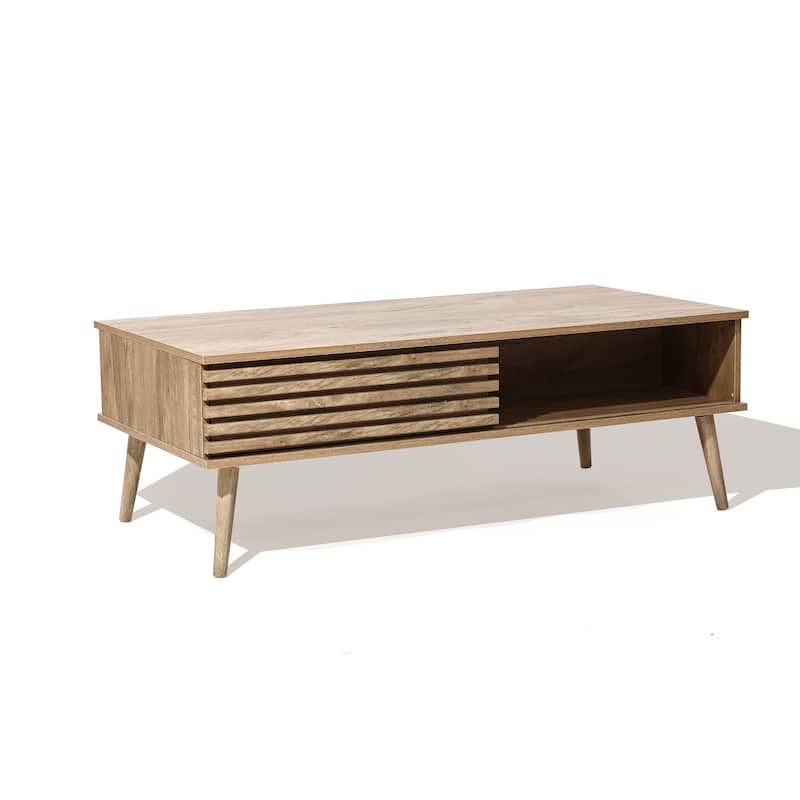 Mid-Century Modern Rectangular Coffee Table with Storage and Solid Wood Legs - 16.3" H x 46.9" W x 23.2" D