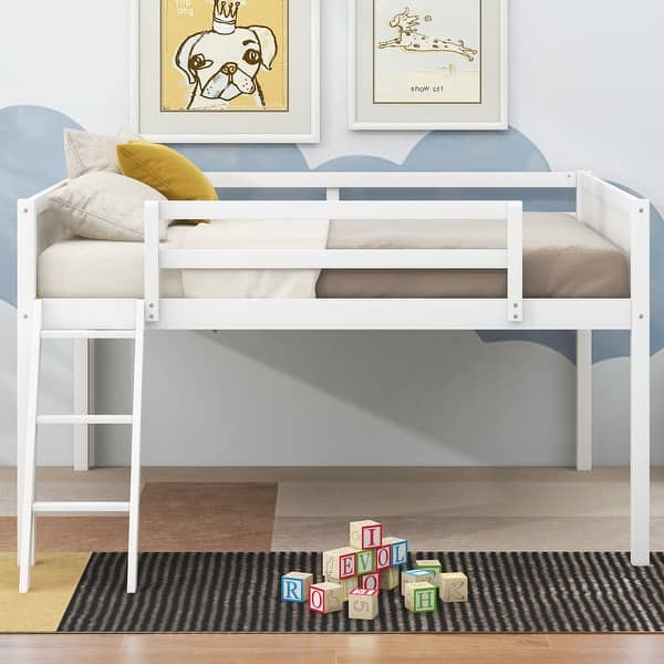 slide 2 of 10, Full Size Wood Loft Bed with Ladder White