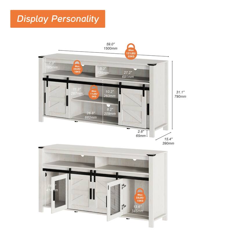 LED Farmhouse Entertainment Center with Mesh and Barn Doors, 31" H