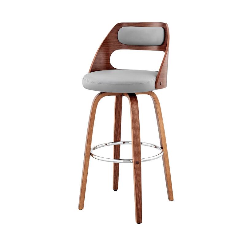 Faux Leather Swivel Bar Chair with Full Back and Walnut Wood Frame