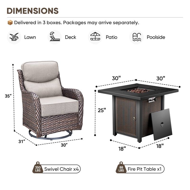 Pocassy 30 Inch Fire Pit Table with Sofa Swivel Chair Set
