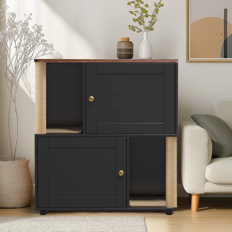 Double Cat Litter Box Enclouse with Scratch Post and Litter Mat - Black