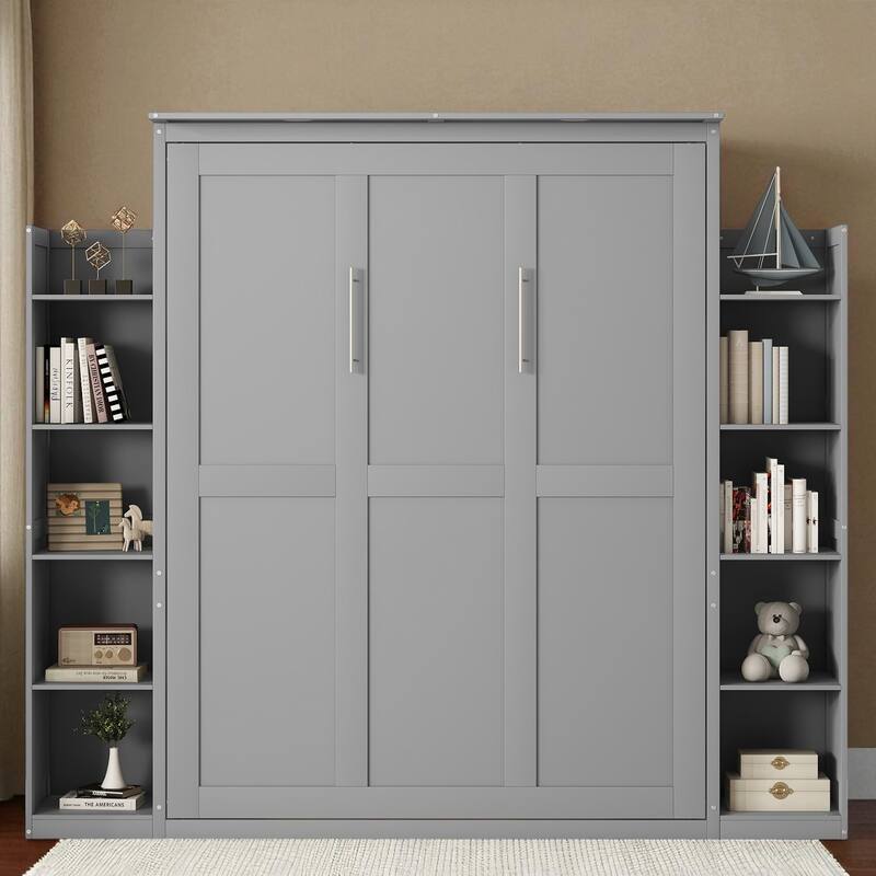 Full/Queen Murphy Wall Bed with Shelves & LED, Dual-Piston, 8 in Mattress, 600 lb Capacity, Space-Saving