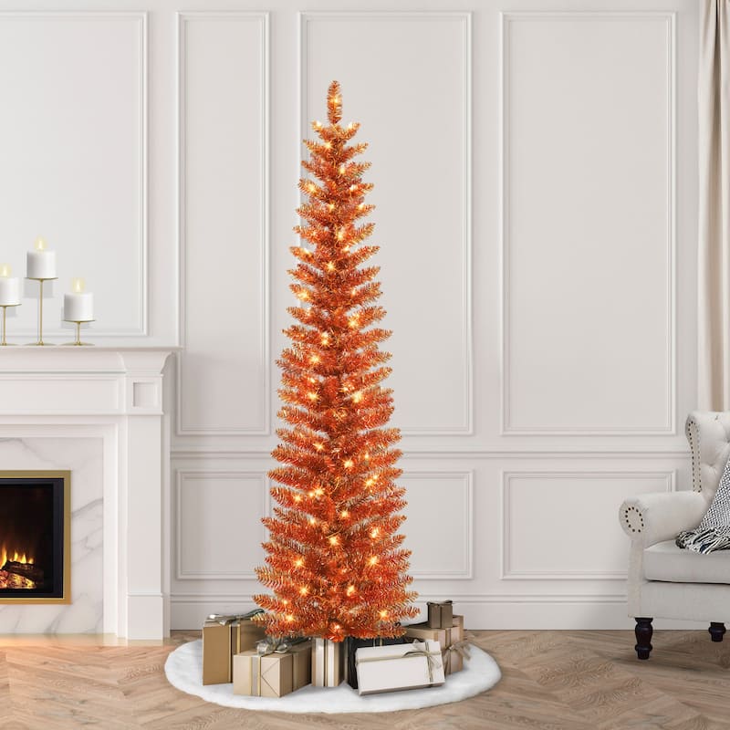 Puleo International 6 ft. Pre-Lit Orange Tinsel Artificial Tree - Orange