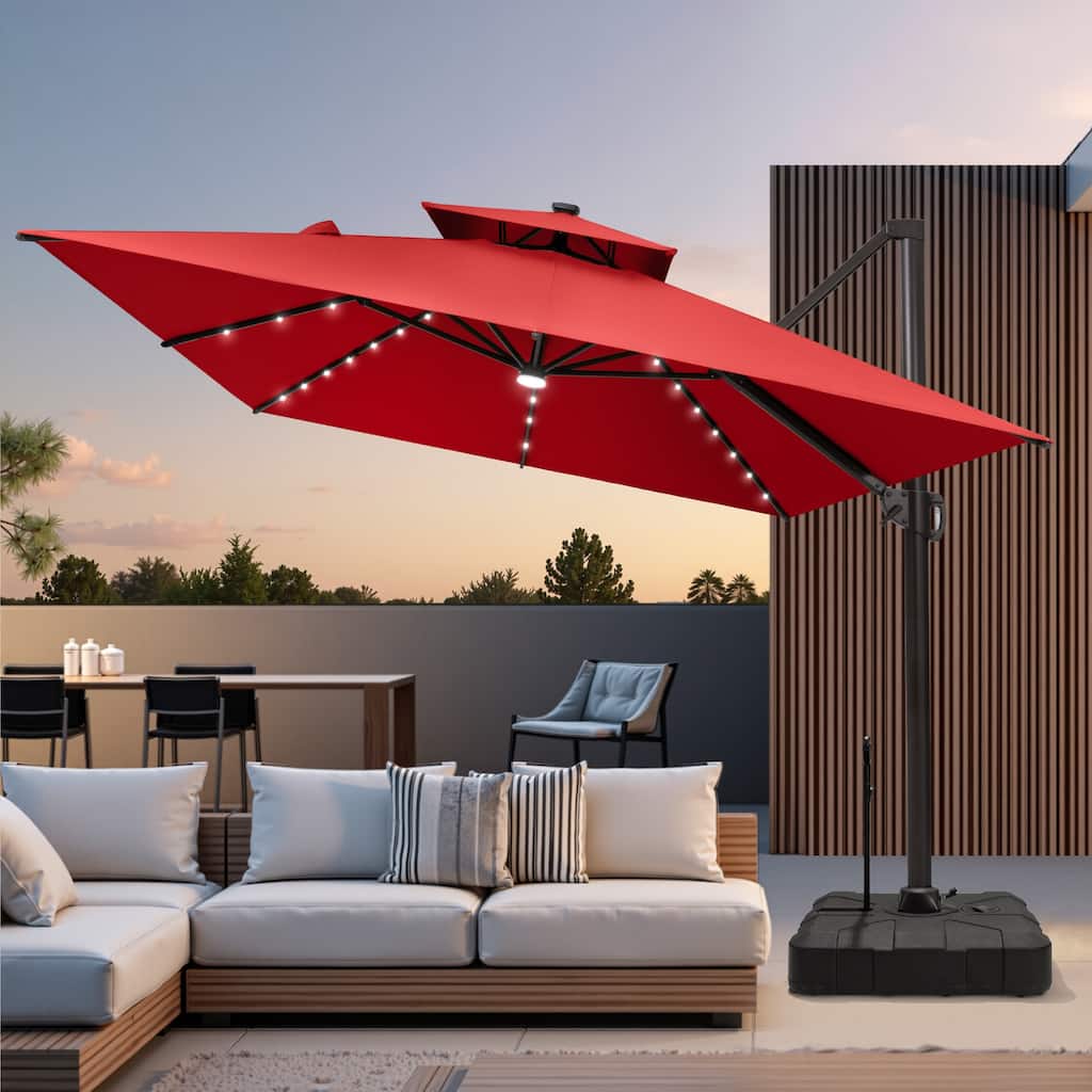 VredHom 9x11 FT Daul Top Rectangular Outdoor Patio Cantilever Umbrella Solar LED Lighted with Rod Base