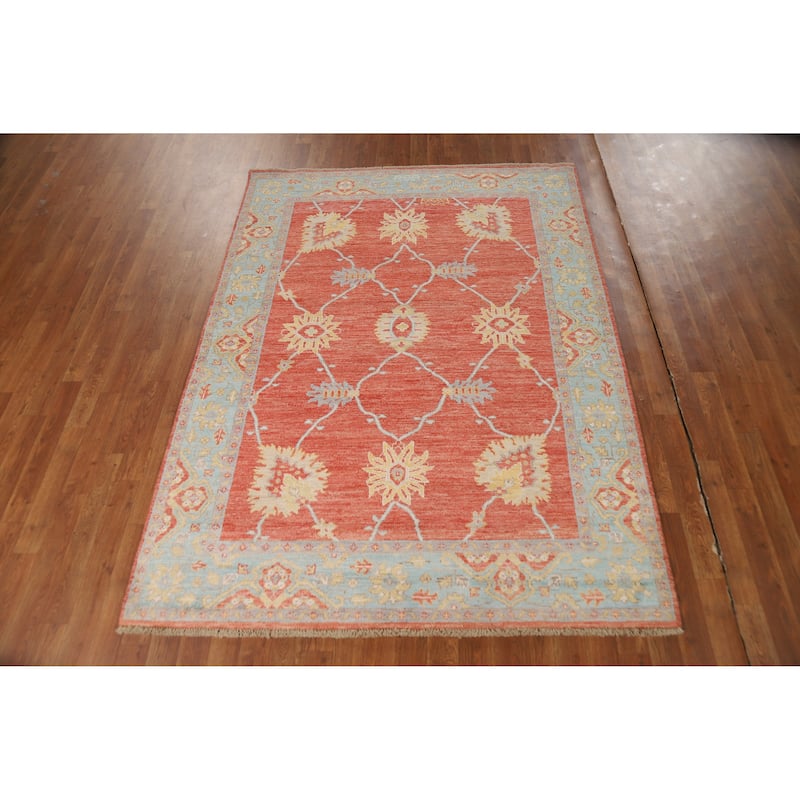 Vegetable Dye Oushak Turkish Rug Oriental Hand-Knotted Wool Carpet - 5'0"x 6'11"