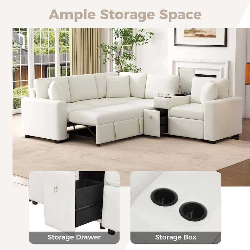L-Shaped Modular Sectional Sofa with Pull-Out Bed, Chenille Convertible Sleeper Sofa Bed with Cup Holders & Multiple Storage