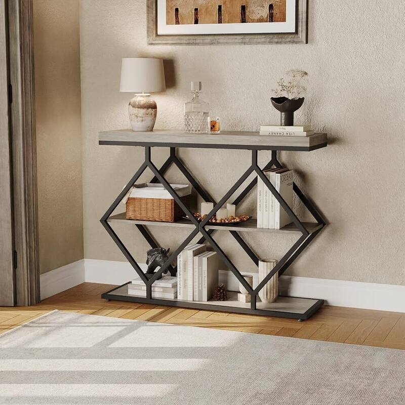 3-Tier X-Shaped Console Table, Entryway Table with Storage Shelf