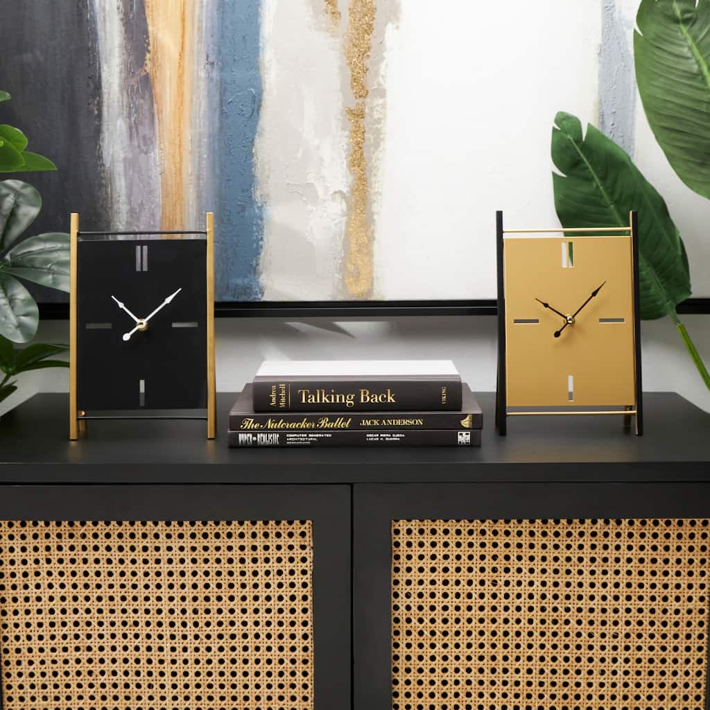 CosmoLiving by Cosmopolitan Black Metal Rectangular Angled Clock with Gold Accents and Cutout Tick Hour Markers (Set of 2)