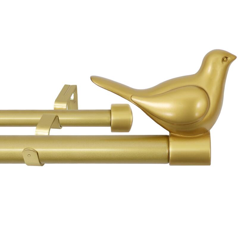 MERIVILLE 3/4" Diameter Farmhouse Double Window Curtain Rod, Bird Finials - Gold - 84"-120"