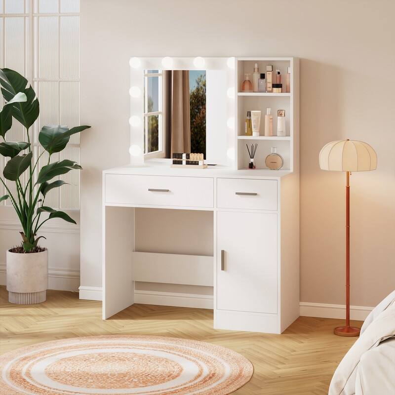Lighted Bathroom Vanity with Mirror, MDF Cabinet, Smooth Drawers, Space-Saving Design