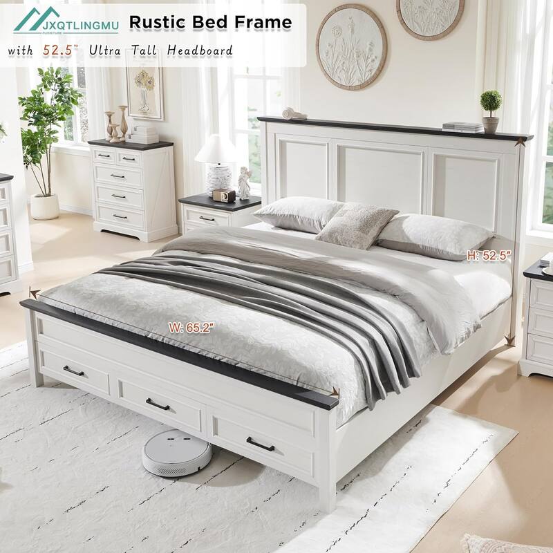 Farmhouse Queen Wood Bed Frame with 52" Tall Headboard & Footboard