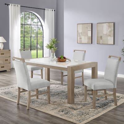 Tabitha 5Pc 66"W Rectangular White Faux Marble Top Dining Set in Light Oak Finish