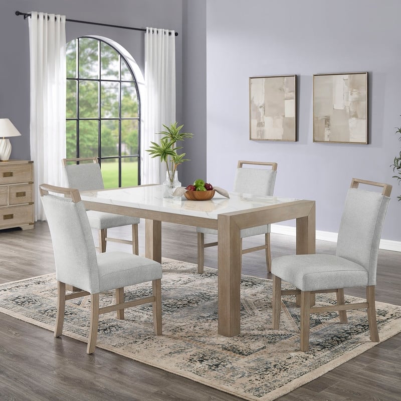 Tabitha 5Pc 66"W Rectangular White Faux Marble Top Dining Set in Light Oak Finish
