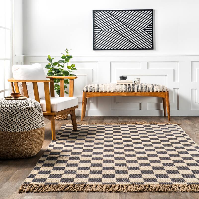 Nuloom Connie Checkered Wool/Jute Tasseled Area Rug