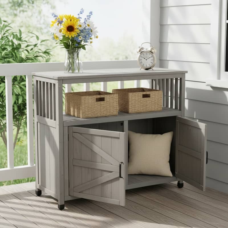 GDFStudio - Harbor Outdoor Solid Fir Wood Storage Bar Table with Slatted Design