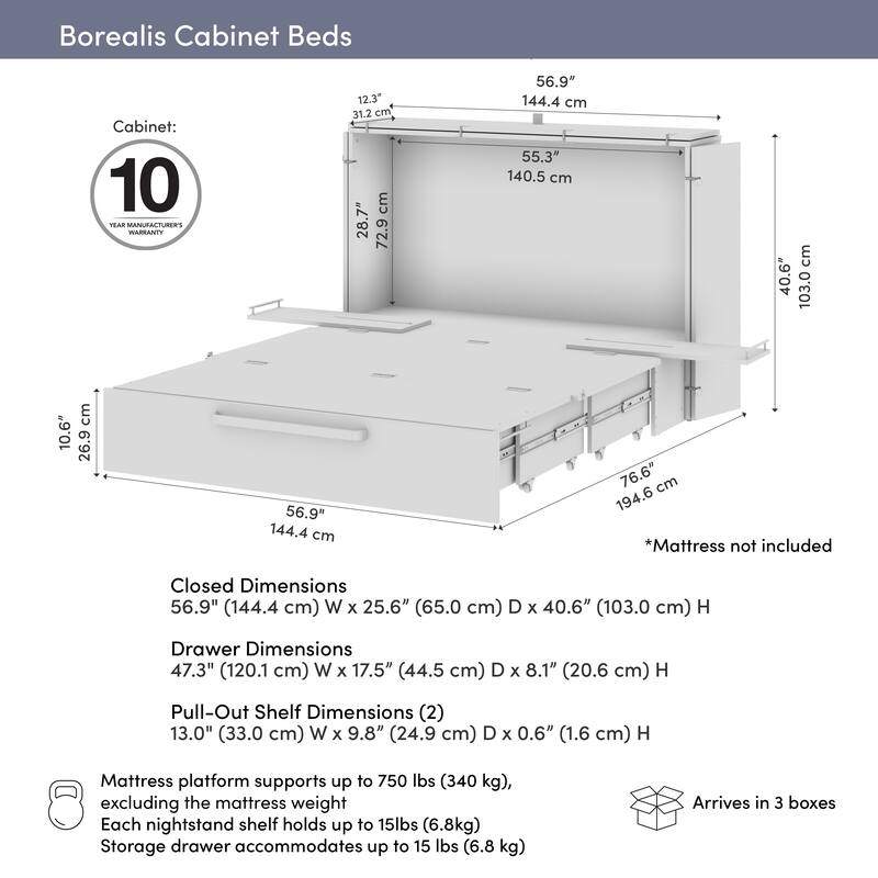 Bestar Borealis 57W Full Murphy Cabinet Bed with Pullout Drawer