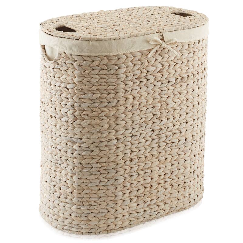 2Section Oval Laundry Hamper Basket w Lids and Liner Bags for Clothes