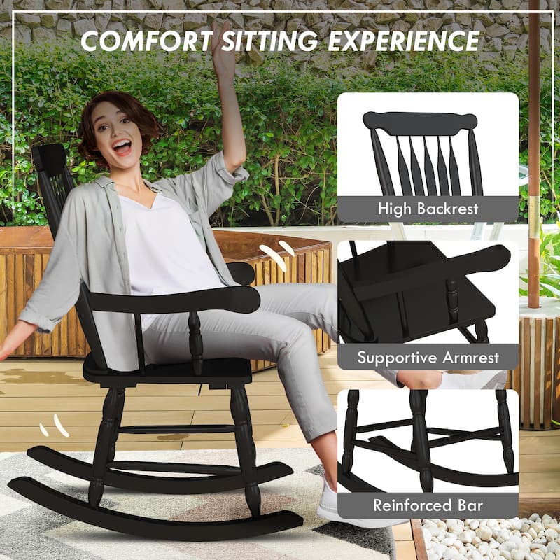 High Back Wood Rocking Chair, All Weather Patio Rocking Chair, 350lbs Weight Capacity for Deck, Porch, Backyard, Garden