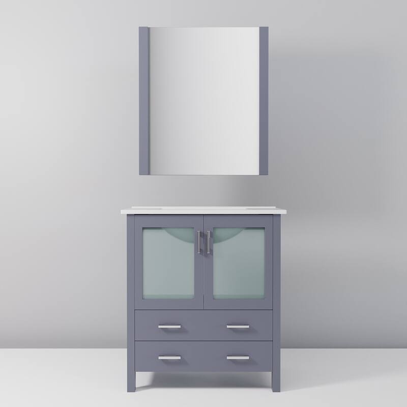 Bathroom Vanity with Ceramic Top, 28" x 32" Mirror, Soft Close Cabinet & Drawers, Scratch & Stain Resistant