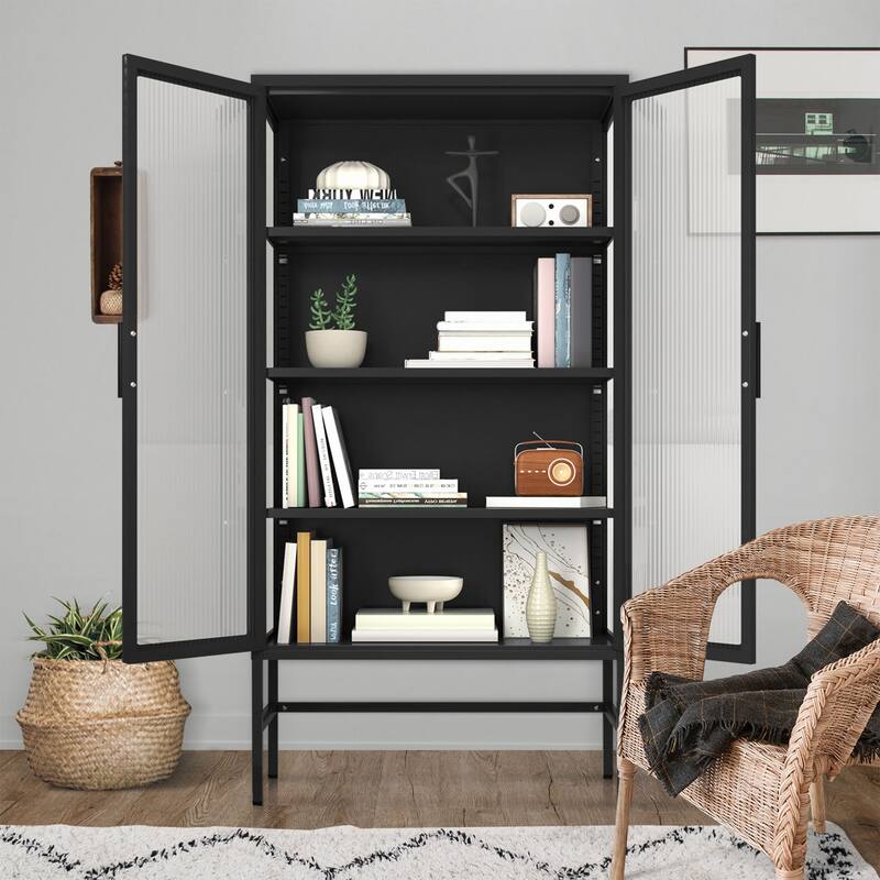 61.02"H Modern Display Sideboard Buffet with Adjustable Shelves, Anti-Tip Kit, Tempered Glass Doors
