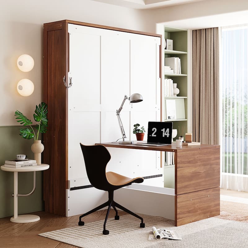 Full Size Wall Bed with Foldable Desk - Space Saving Solution in Walnut & White